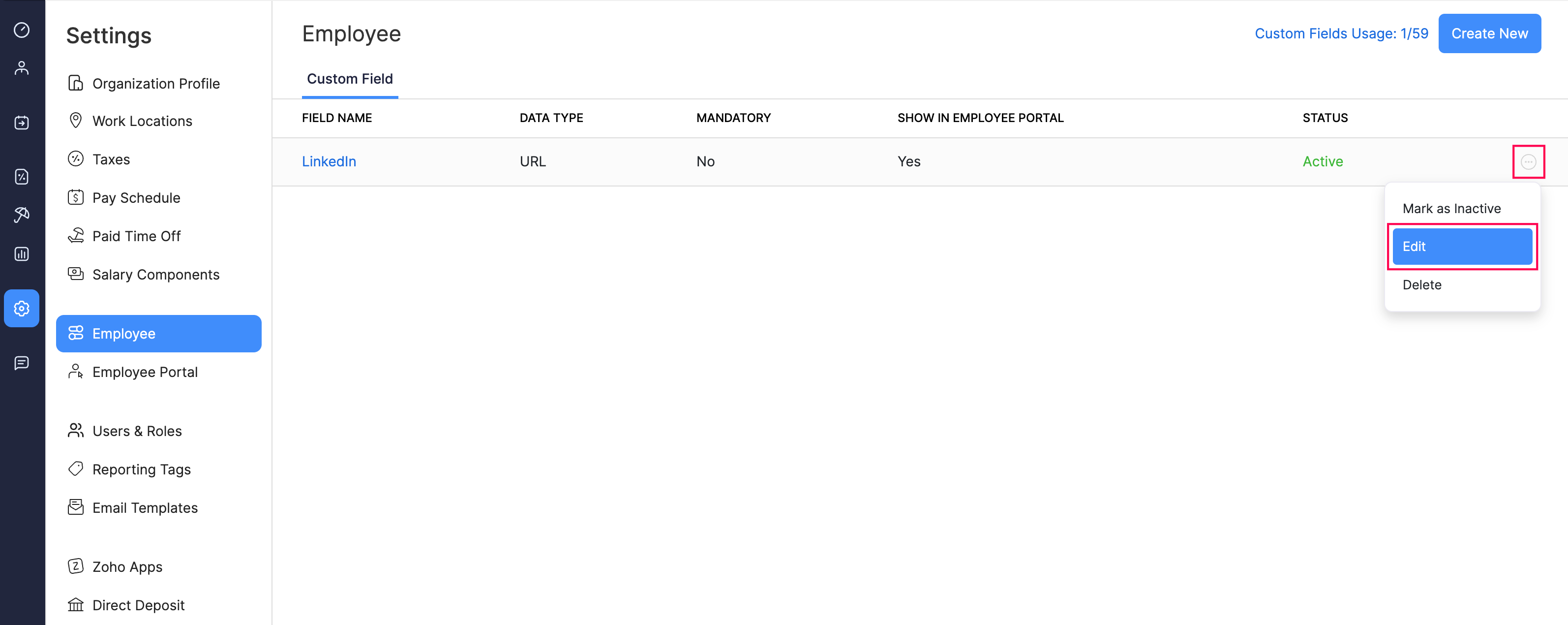 Edit a Custom Field in Zoho Payroll