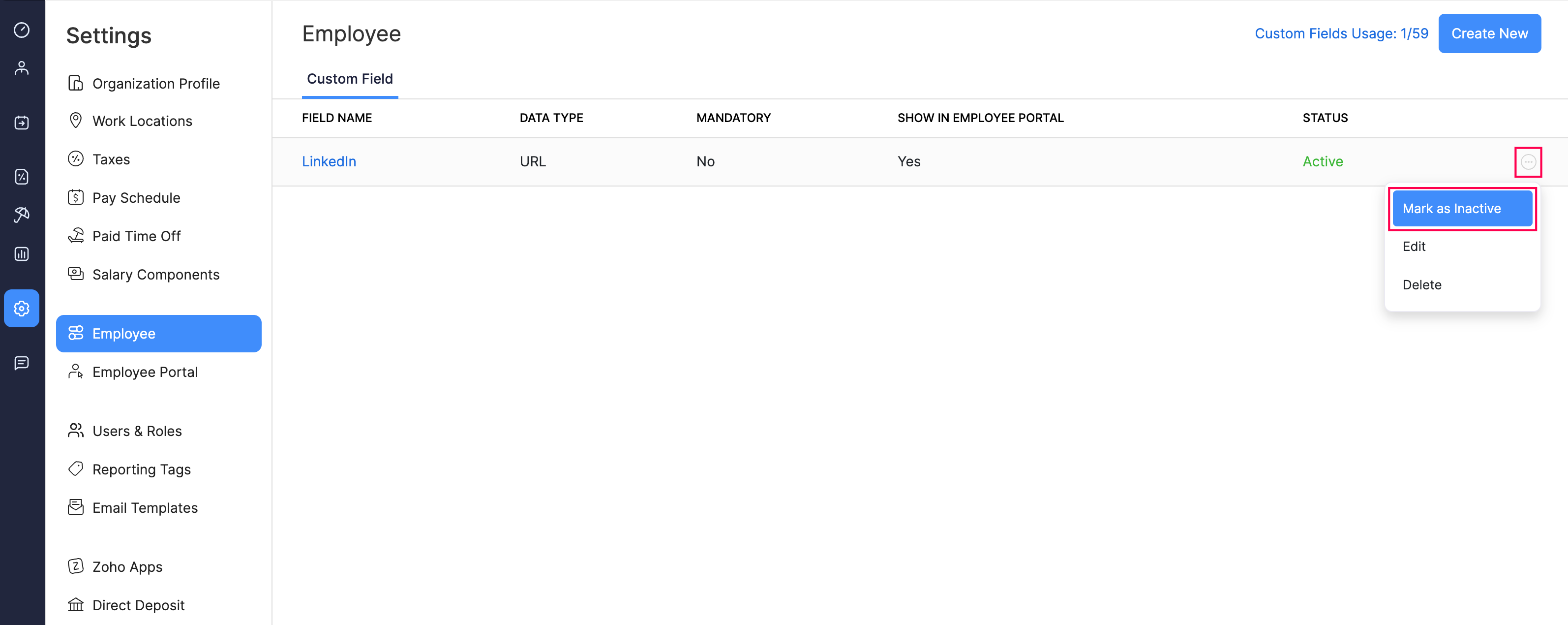 Mark a Custom Field as Inactive in Zoho Payroll
