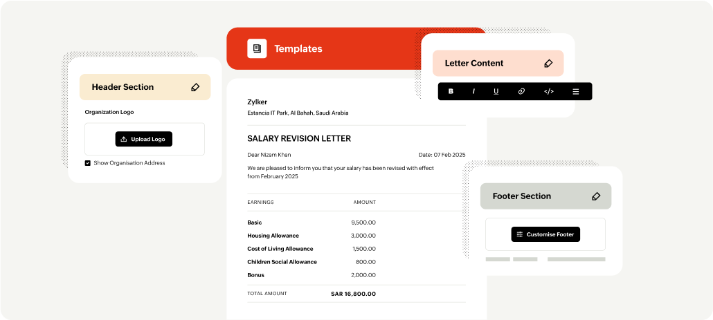  Screenshot of custom features in Zoho Payroll for saudi arabic