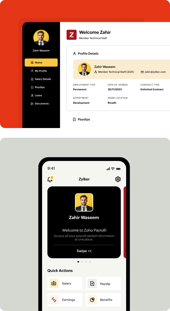 Employee portal mobile and web views of Zoho Payroll saudi arabic