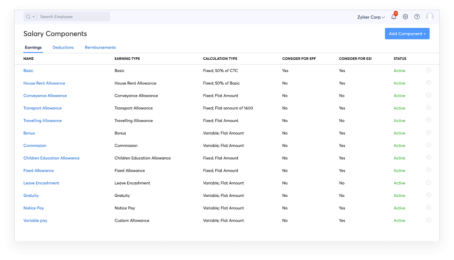 Zoho Payroll: Create custom salary components