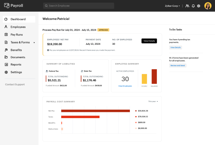 Payroll software dashboard with payroll overview