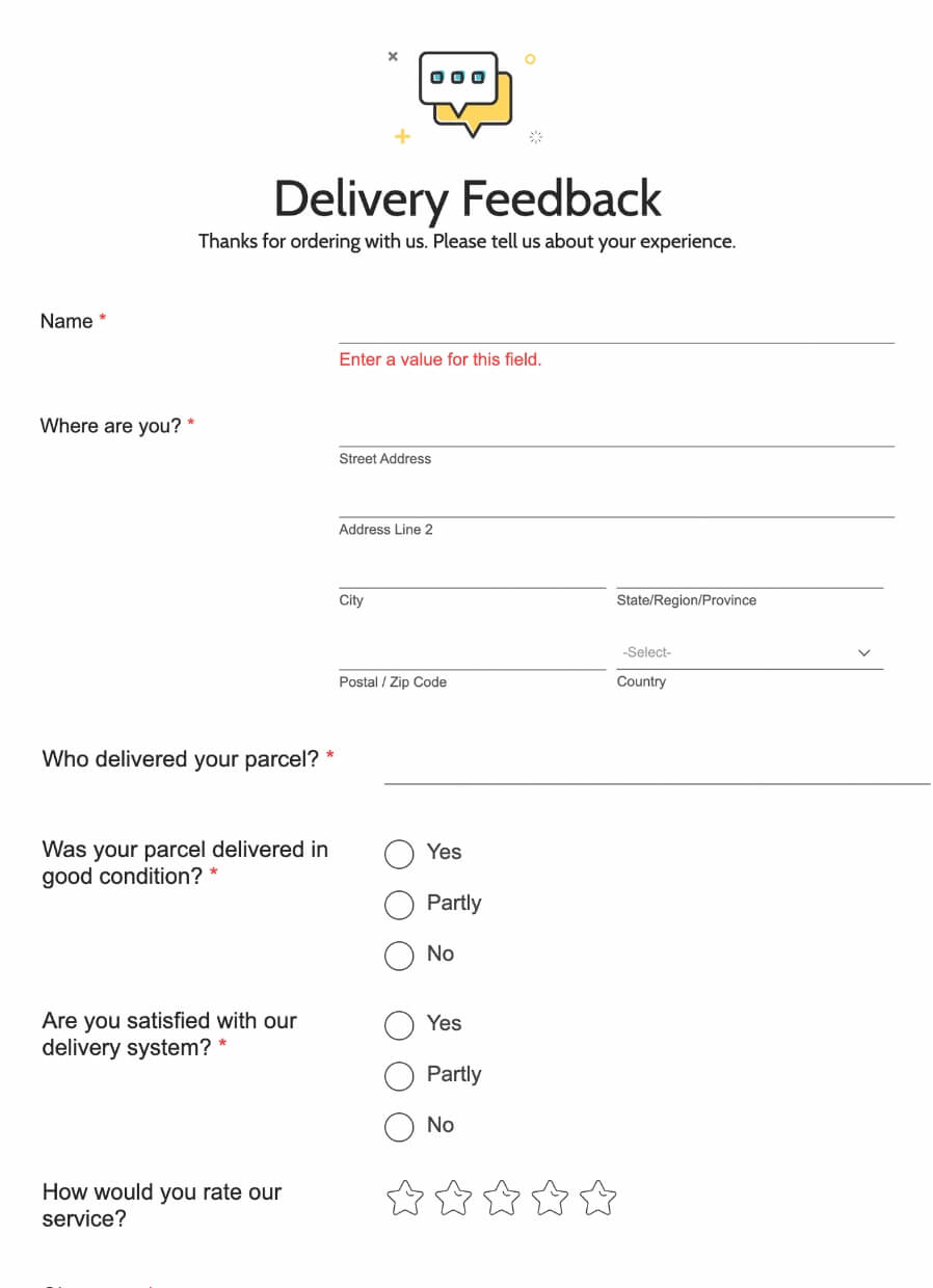 Online e-commerce delivery form template