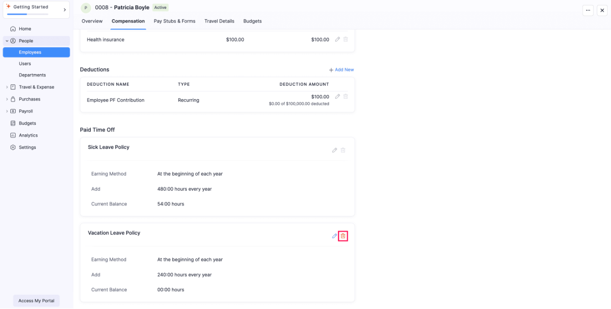 Delete the Vacation Leave Policy of this Employee