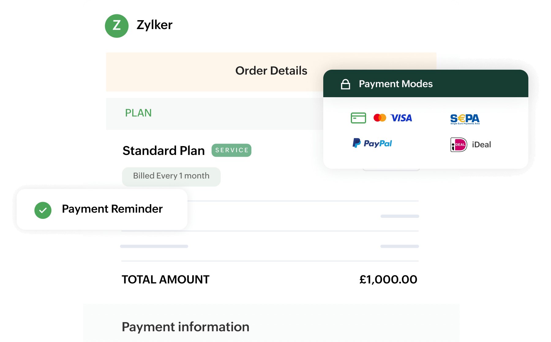 Preview of Zoho Billing's order summary and the multiple payment gateways and modes supported