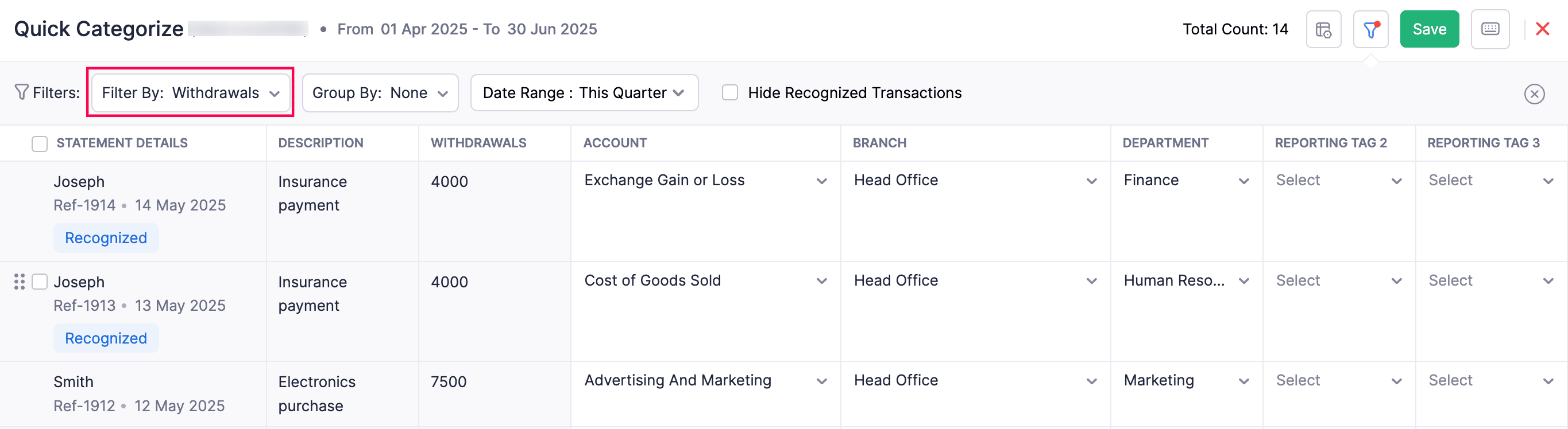 Filter Bank Transactions