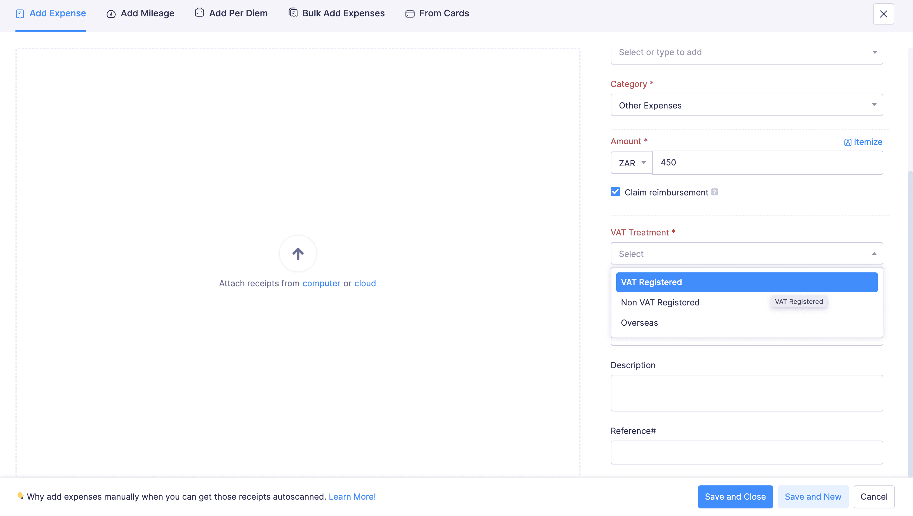 Apply VAT to Expense